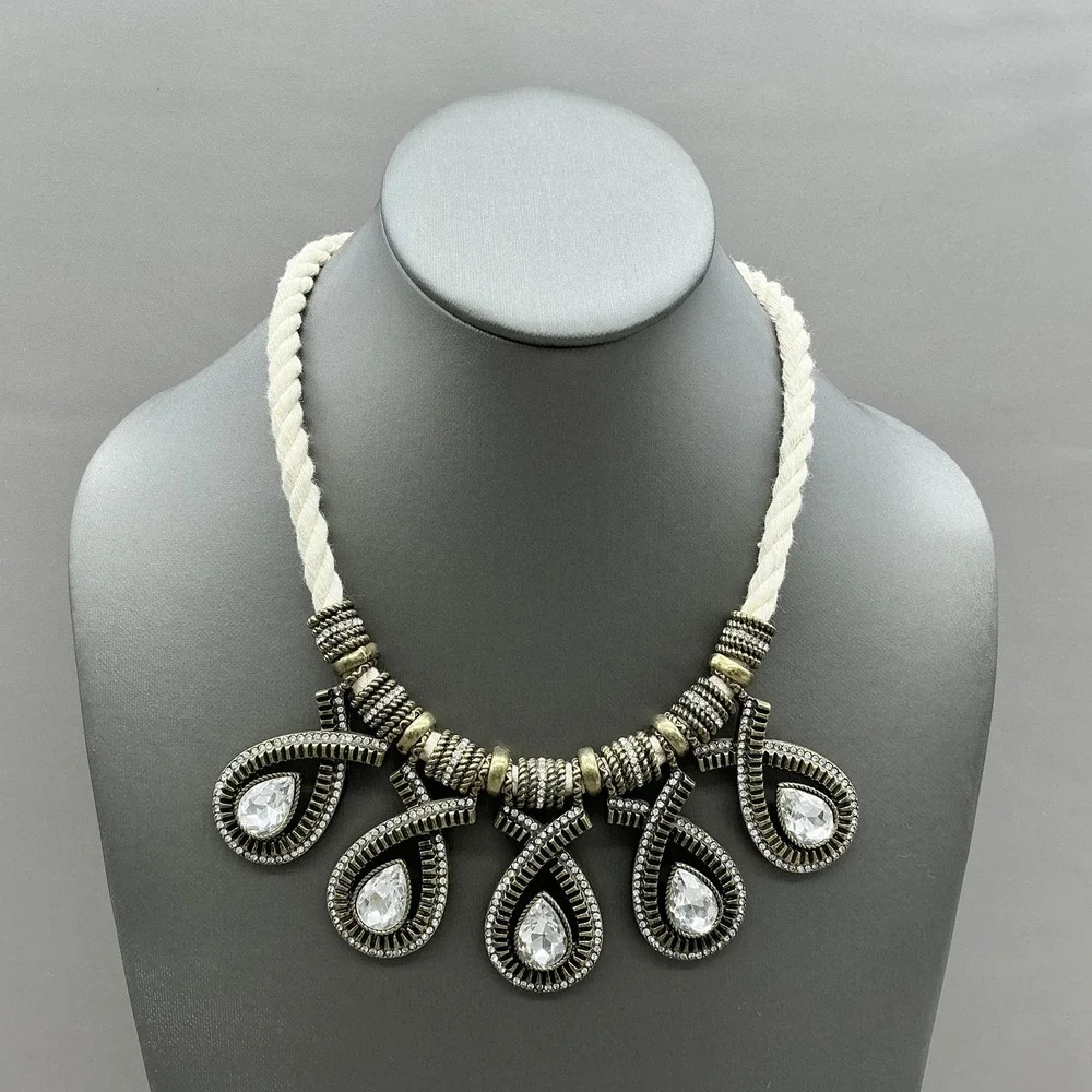 Banana Republic Necklace‎ Gold Tone White Cord Teardrop Bib Statement Jewelry